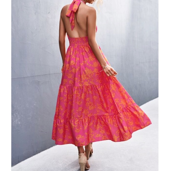 SOLD OUT Fuchsia & Orange Floral Printed Smocked Halter Tiered Summer Maxi Dress - Picture 2 of 2